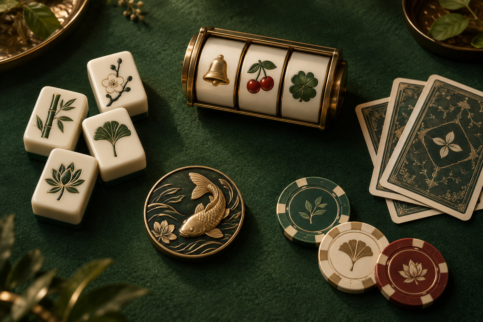 Ubin mahjong, gulungan slot, kartu, dan keping pada meja kasino