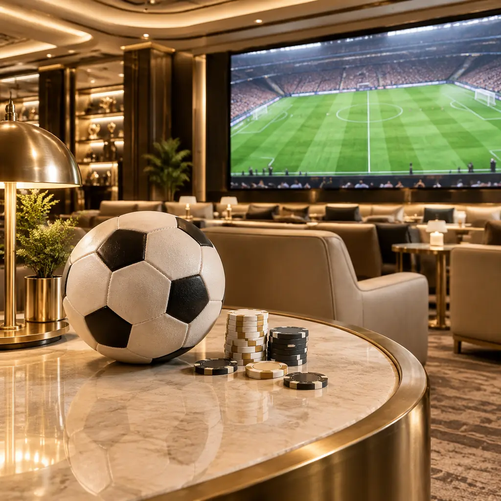 Bola sepak dan layar stadion di ruang sportsbook kasino